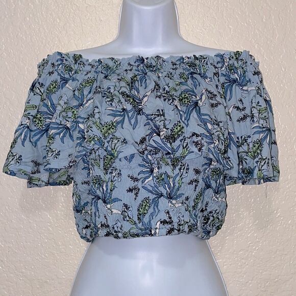 Tiare Hawaii Off Shoulder Floral Blue Smocked Crop Top O/S - Picture 3 of 8